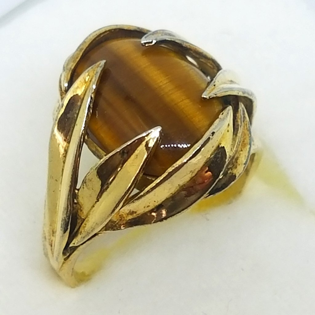Vintage Oval Tiger Eye Stone Ring Set In 925 Gold Plated Sterling Silver Ring